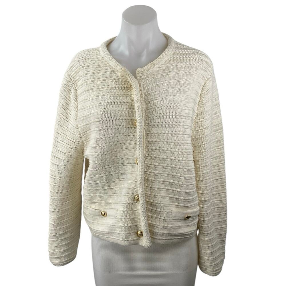 Massimo Dutti White Knit Long Sleeve Button Down Pockets Cardigan Sweater Top L